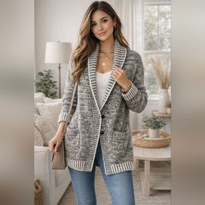 Women's GAP Double Breasted Gray Marled Shawl Collar Cardigan Sweater M Academia